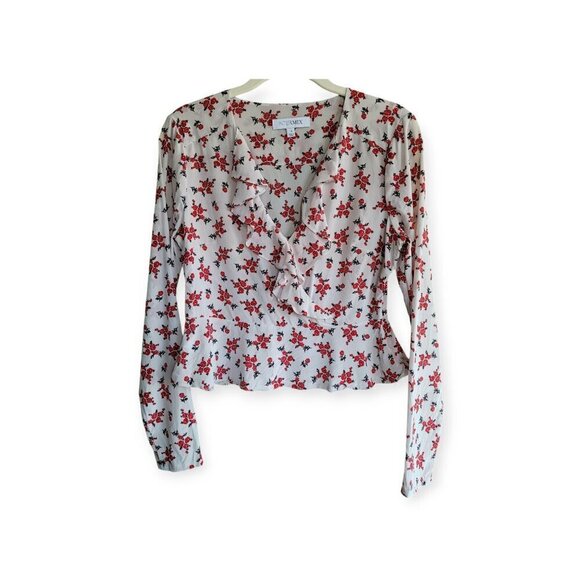 INTERMIX Evonne Silk Ruffle Floral Blouse — White/Red — Size 4 - Picture 3 of 7